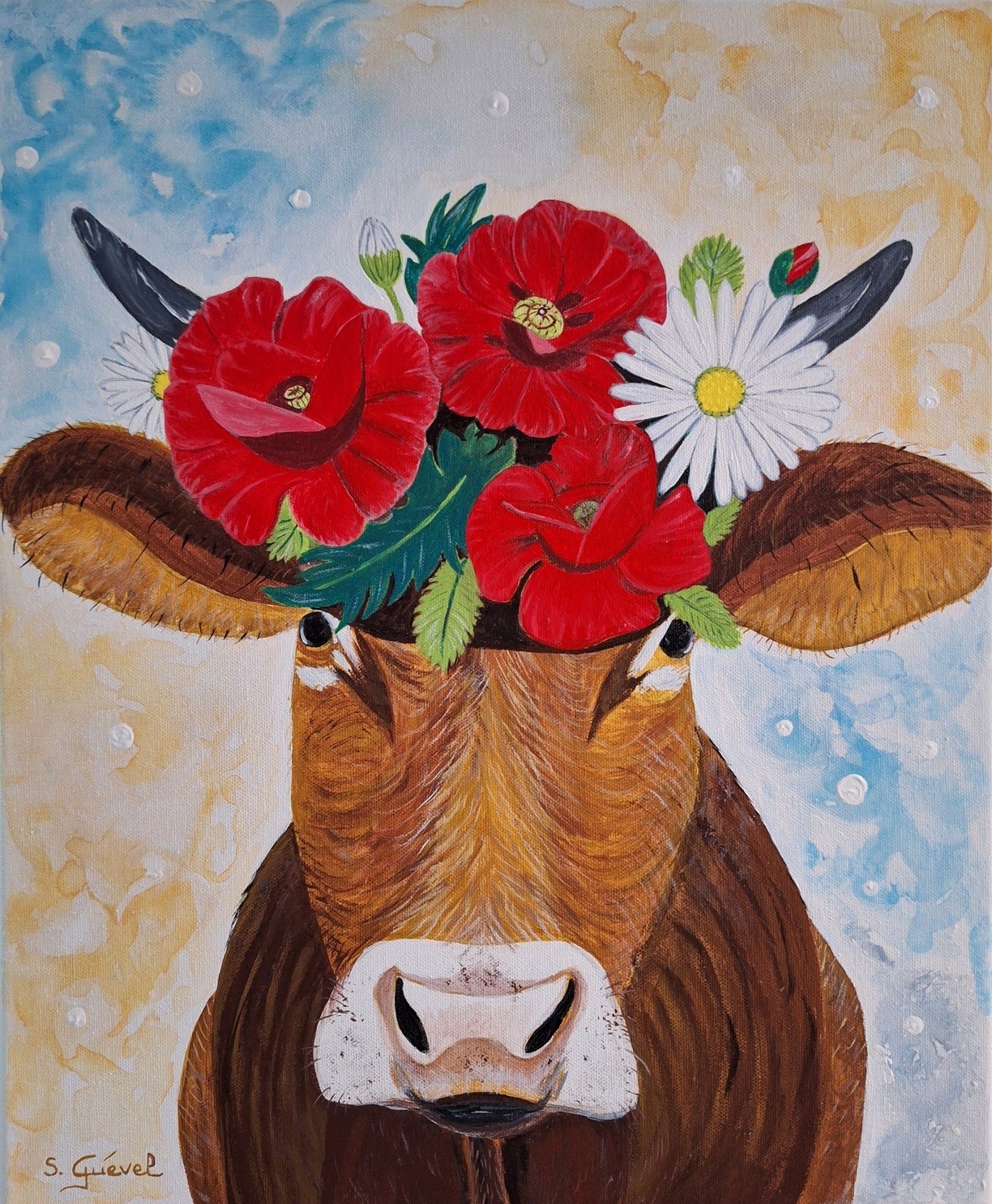 Tableau de Sylvie Guével qui représente une vache qui porte une couronne de coquelicots et marguerites entre ses cornes.