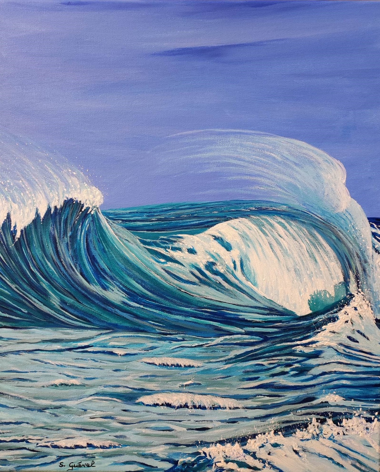 tableau-de-sylvie-guével-qui-représente-des-vagues-qui-s-entre-choquent-aux-couleurs-turquoises-