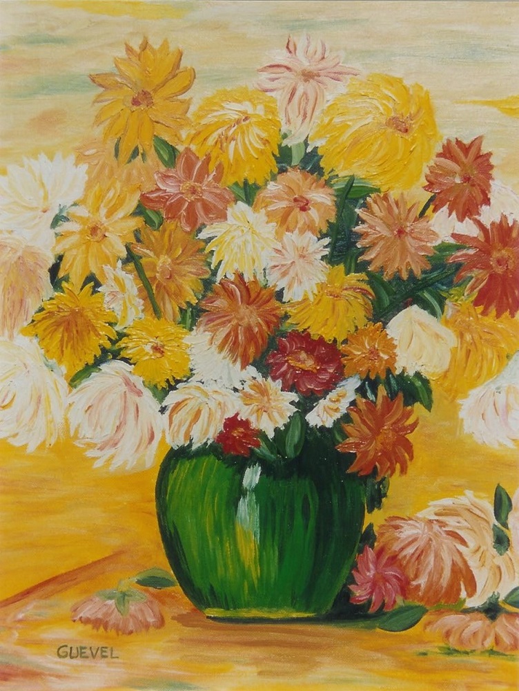 tableau-de-sylvie-guével-qui-représente-un-vase-vert-avec-des-fleurs-dalhias-jaunes-oranges-rouges-blanches-