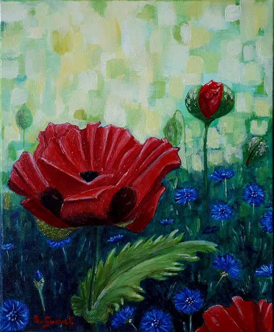 Tableau de Sylvie Guével qui représente des coquelicots et des bleuets dans un jardin ou un champs.