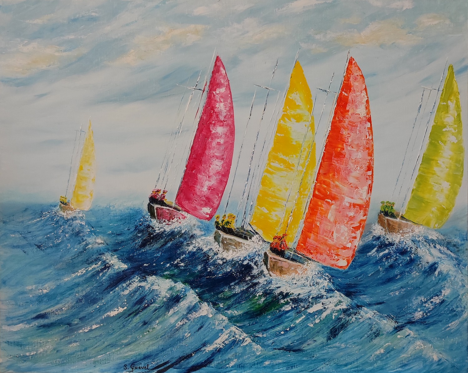 tableau-de-sylvie-guével-qui-représente-une-régate-de-5-bateaux-aux-voiles-colorées-dans-une-mer-turquoise-