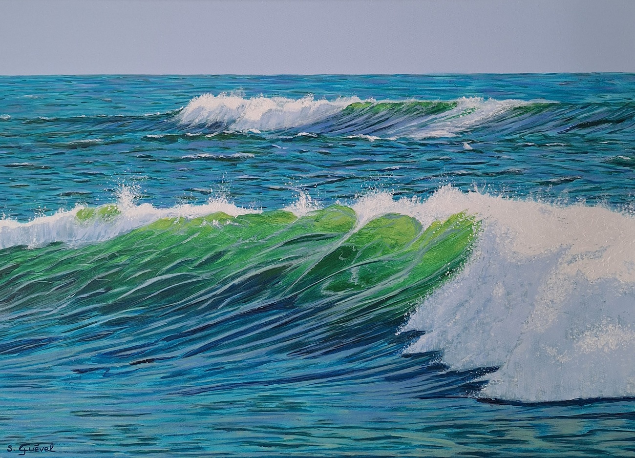 tableau-de-sylvie-guével-qui-représente-une-mer-turquoise-lumineuse-avec-des-vagues-vertes-avec-l-ecume-