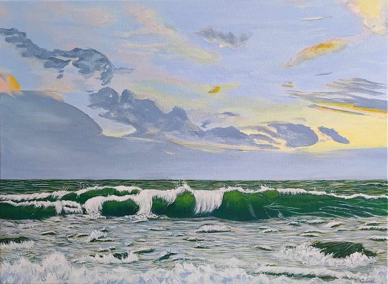 tableau-de-sylvie-guével-qui-représente-un-ciel-de-début-de-coucher-de-soleil-sur-une-vague-emeraude-qui-termine-sur-la-plage-