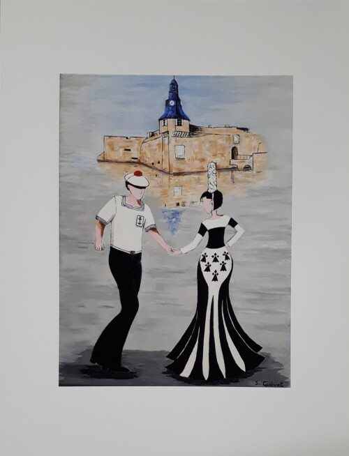 Impression d'art du tableau de Sylvie Guével Rencontre festive devant la ville close de Concarneau.