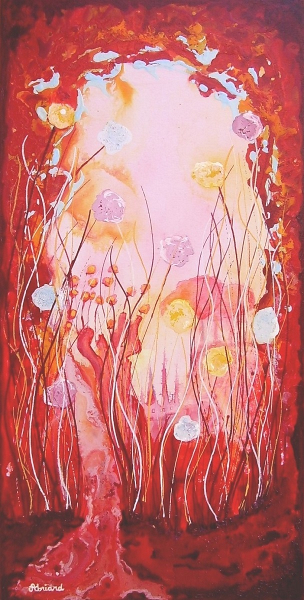 tableau-de-sylvie-guével-qui-représente-un-paysage-abstrait-floral-dans-des-couleurs-rouges-roses-et-jaunes.