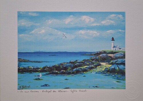 impression-sur-papier-d-art-d-un-tableau-de-sylvie-guével-qui-représente-le-phare-de-l-île-aux-moutons-des-glenans-d-une-plage-de-goelands-et-d-une-mer-turquoise.