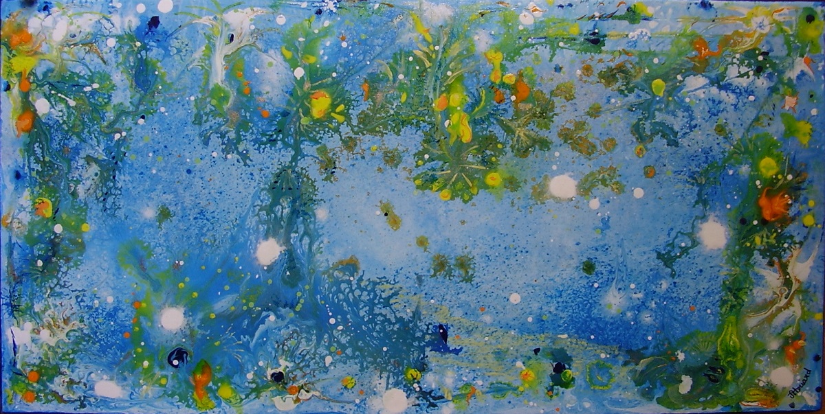 tableau-de-sylvie-guével-qui-représente-un-fonds-marin-abstrait-dans-les-tons-bleu-vert-jaune-orange-blanc.