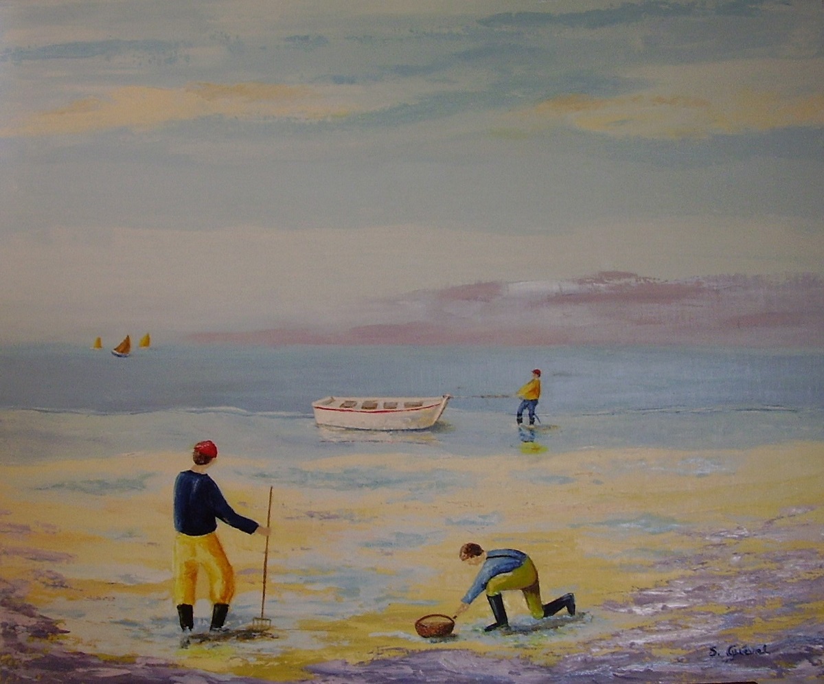 tableau-de-sylvie-guével-qui-représente-un-bord-de-plage-à-marée-basse.-Des-pécheurs-ramassent-des-coquillages-et-un-homme-tire-une-barque-sur-le-sable.