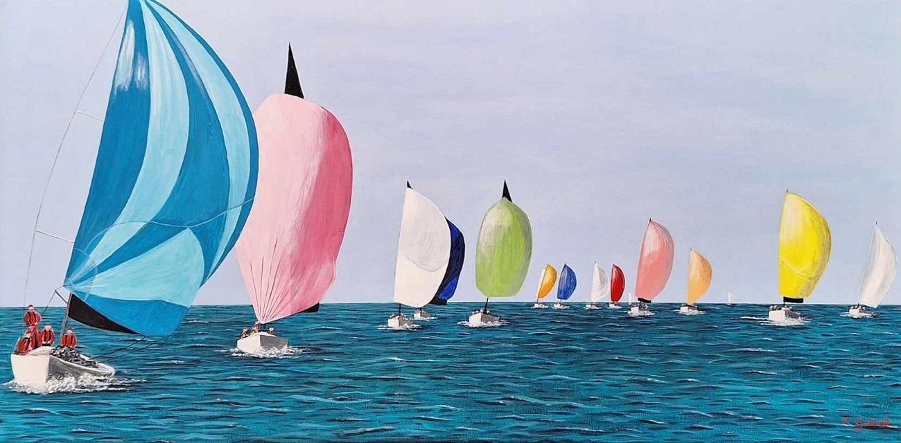 tableau-de-sylvie-guével-qui-représente-une-régate-de-14-bateaux-aux-voiles-colorées-dans-la-mer.