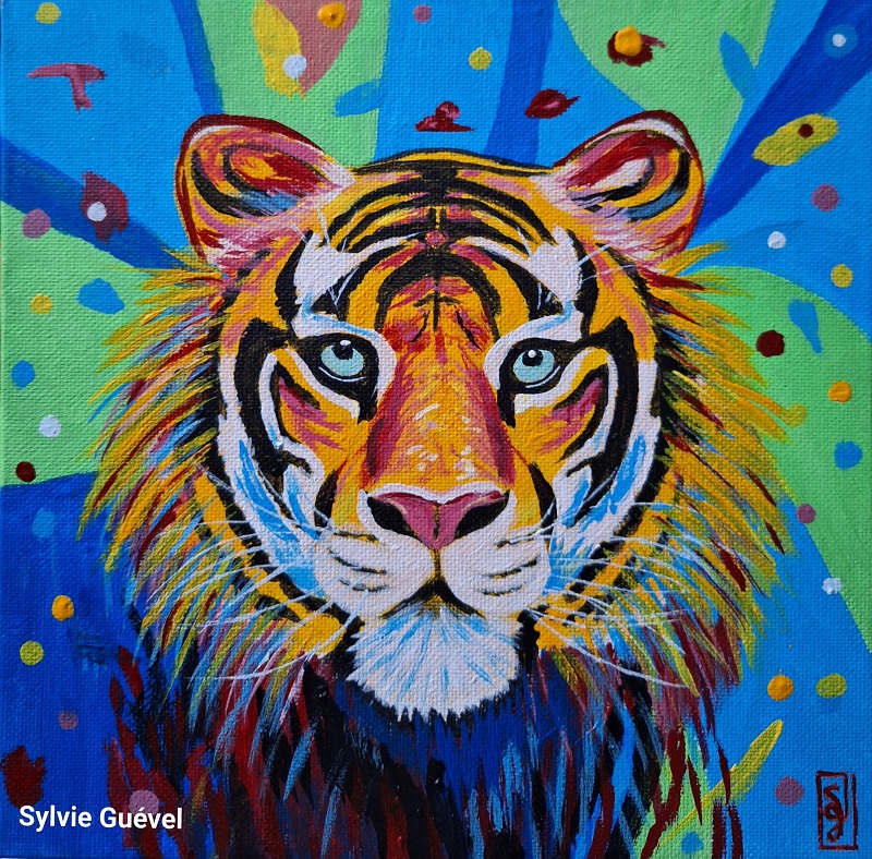 Tableau de Sylvie Guével qui représente une tête de tigre POP