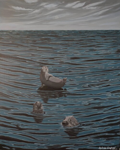 Tableau de Sylvie Guével qui représente des phoques gris dans la mer