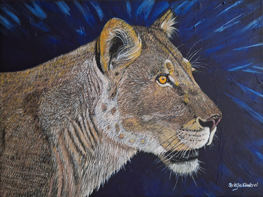 Tableau de Sylvie Guével représentant une lionne de profil