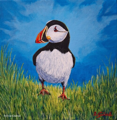 Tableau de Sylvie Guével qui présente un macareux moine qui marche