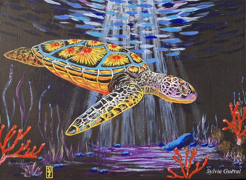 Tableau de Sylvie Guével qui représente une tortue aux couleurs POP