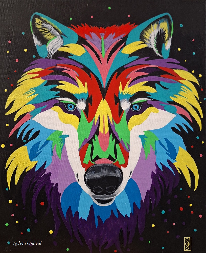 Tableau POP de Sylvie Guével qui représente un loup
