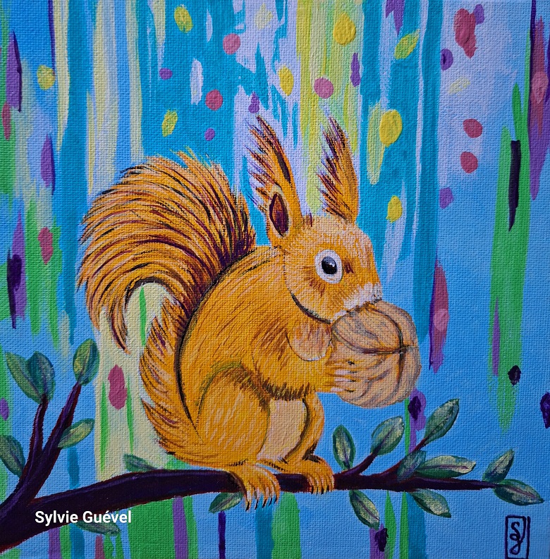Tableau de Sylvie Guével qui présente un écureuil qui mange une noix