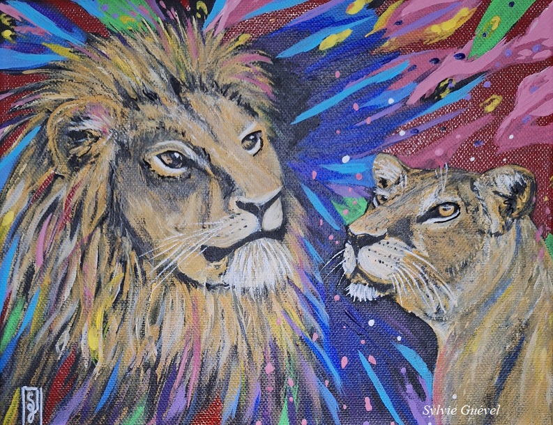 Tableau de Sylvie Guével qui représentent un lion et une lionne