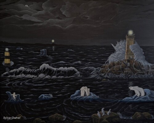 Tableau fantasy représentant des ours polaires dans le raz de sein