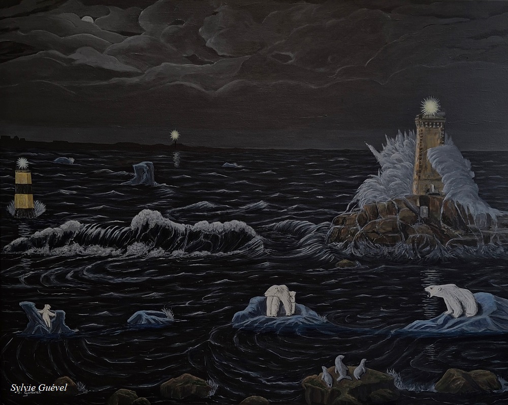 Tableau fantasy représentant des ours polaires dans le raz de sein