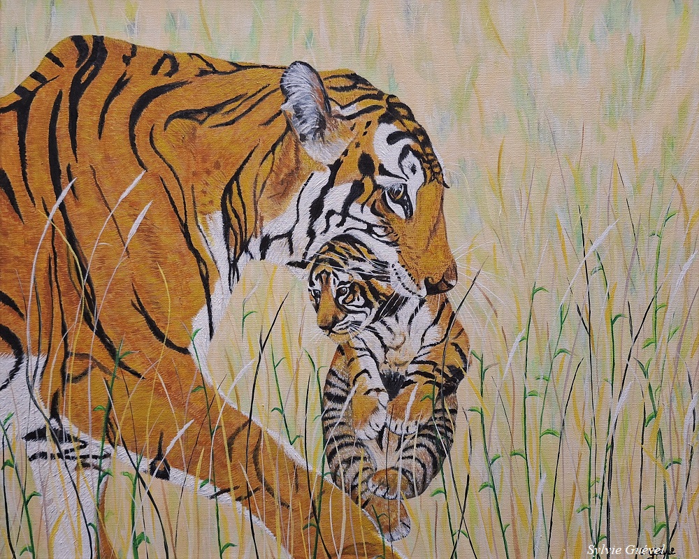 Tableau de Sylvie Guével représentant un tigre du bengale et son petit chaton