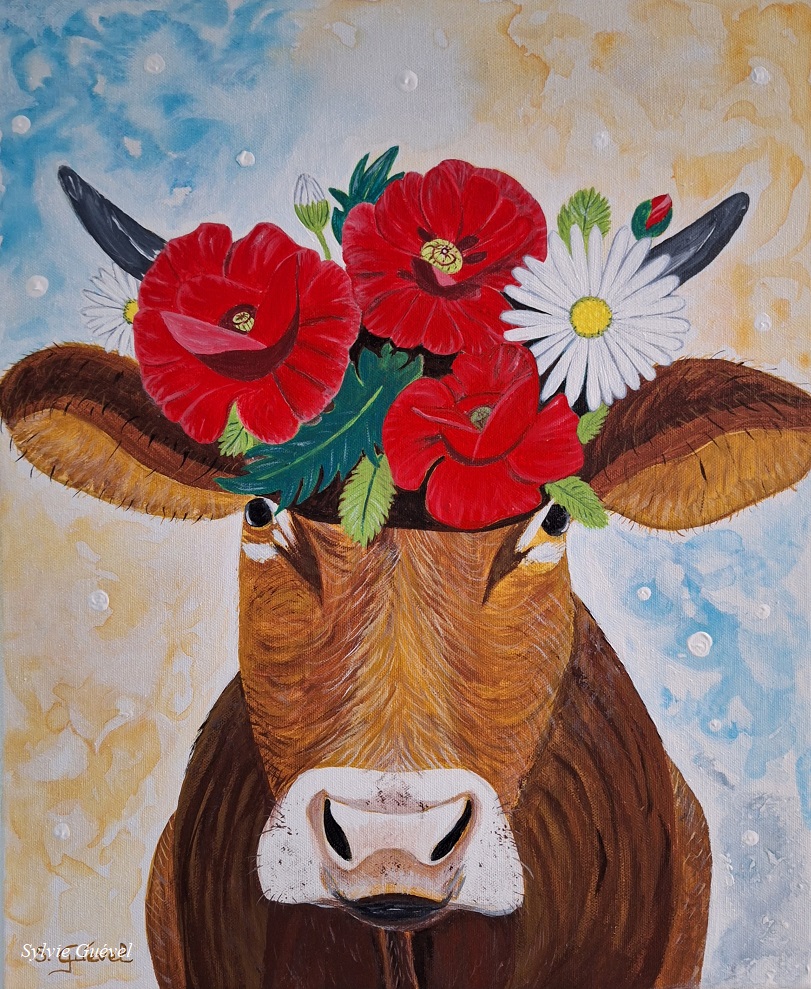 Tableau de Sylvie Guével qui représente une vache portant une couronne de fleurs de coquelicots entre ses cornes