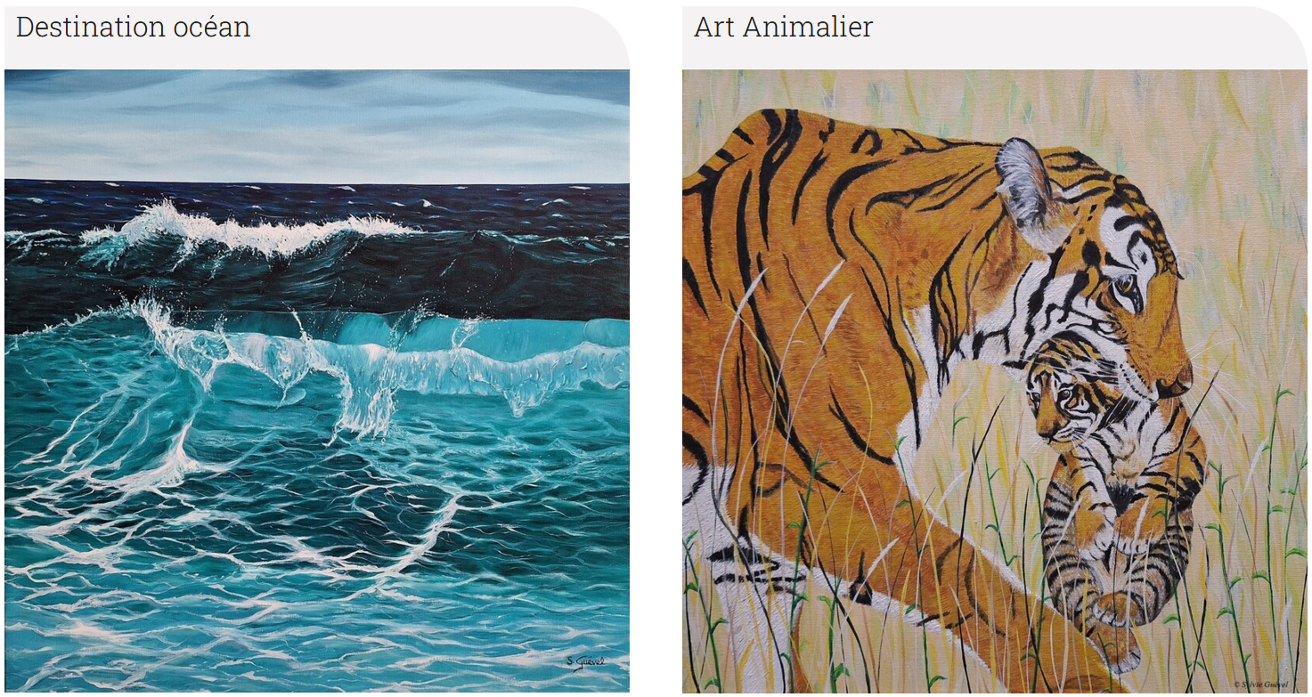 Photos d'un tableau d'une vageu et tableau d'un tigre et son bébé dans la gueule