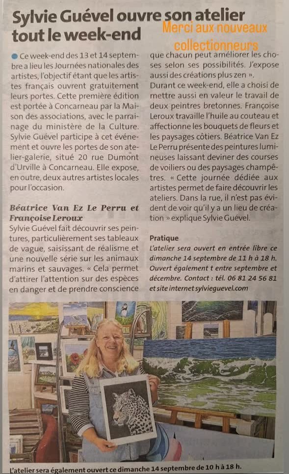 Article du journal le télégramme qui présente Sylvie Guével qui participe aux journées portes ouvertes d'ateliers d'artistes aux JNA 2026