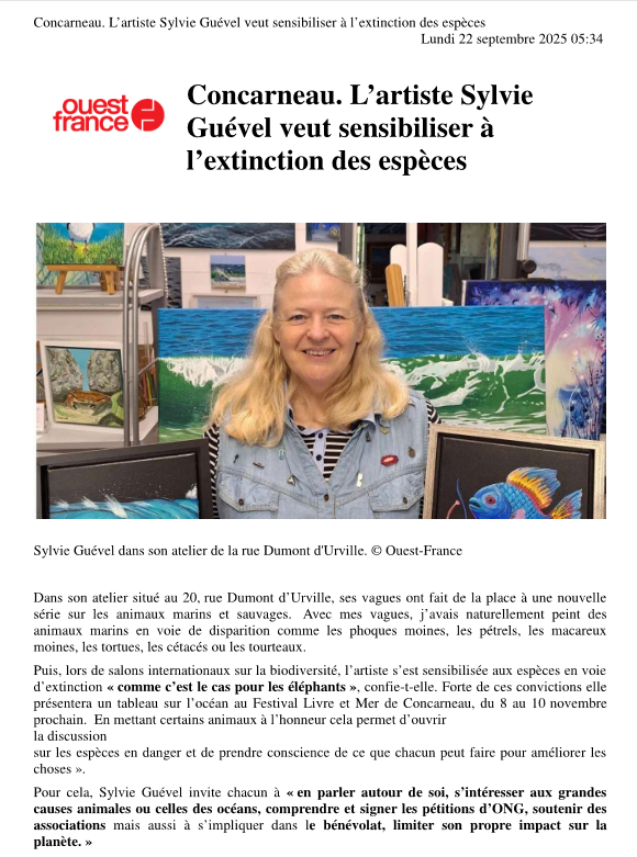 Article du Ouest-France qui informe sur les oeuvres de Sylvie Guével qui veut sensibiliser à l'extinction des espèces animales
