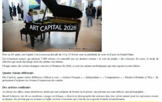 extrait d'un article du media Impact Européen qui décrit le travail de plusieurs artistes dont il a remarqué les oeuvres à Art Capital au Grand Palais en février 2026, dont celle de Sylvie Guével.