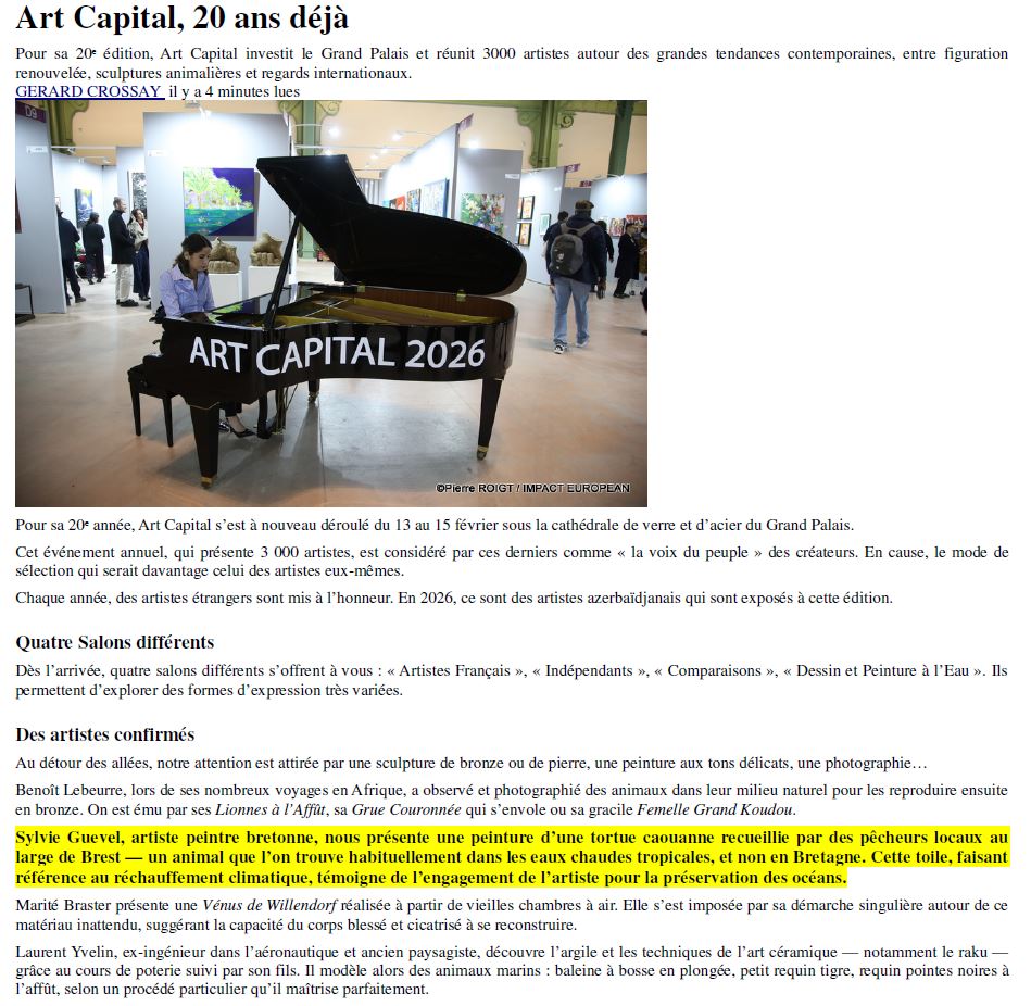 extrait d'un article du media Impact Européen qui décrit le travail de plusieurs artistes dont il a remarqué les oeuvres à Art Capital au Grand Palais en février 2026, dont celle de Sylvie Guével.