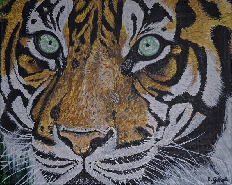 Tableau de Sylvie Guével qui représente la tête d'un tigre de Sumatra